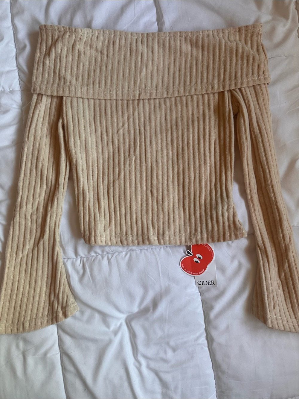 Cider Ribbed Off-Shoulder Tan Top - Picture 3 of 4